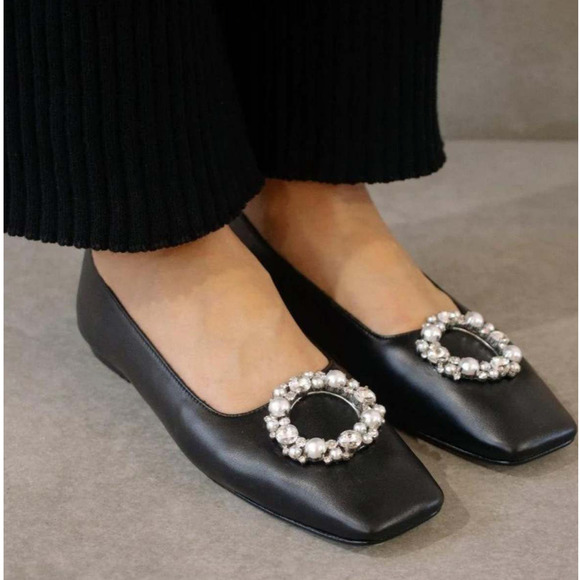 Alohas Bella Crystal Ballet Flats Black Pearl Leather Square Toe Sz 37 / 6.5 - Picture 1 of 10